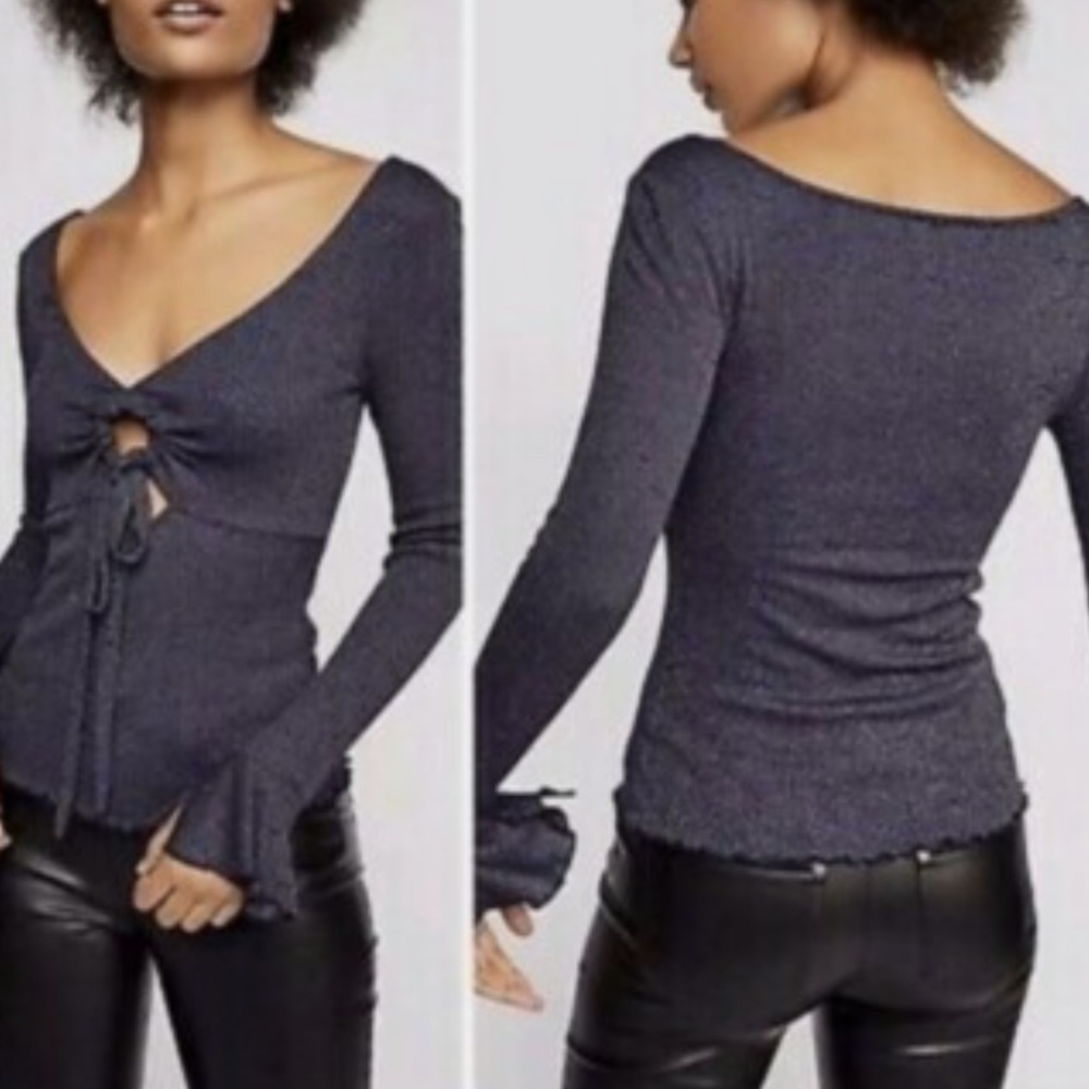 Free People Intimately “Say When” Textured Metallic/Navy Long-sleeve Top S EUC